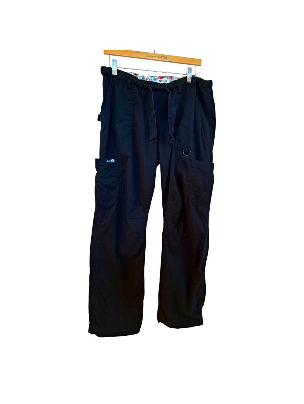 Koi Women’s Black Solid Scrub Pants L Tall Drawstring Cargo Cotton Blend